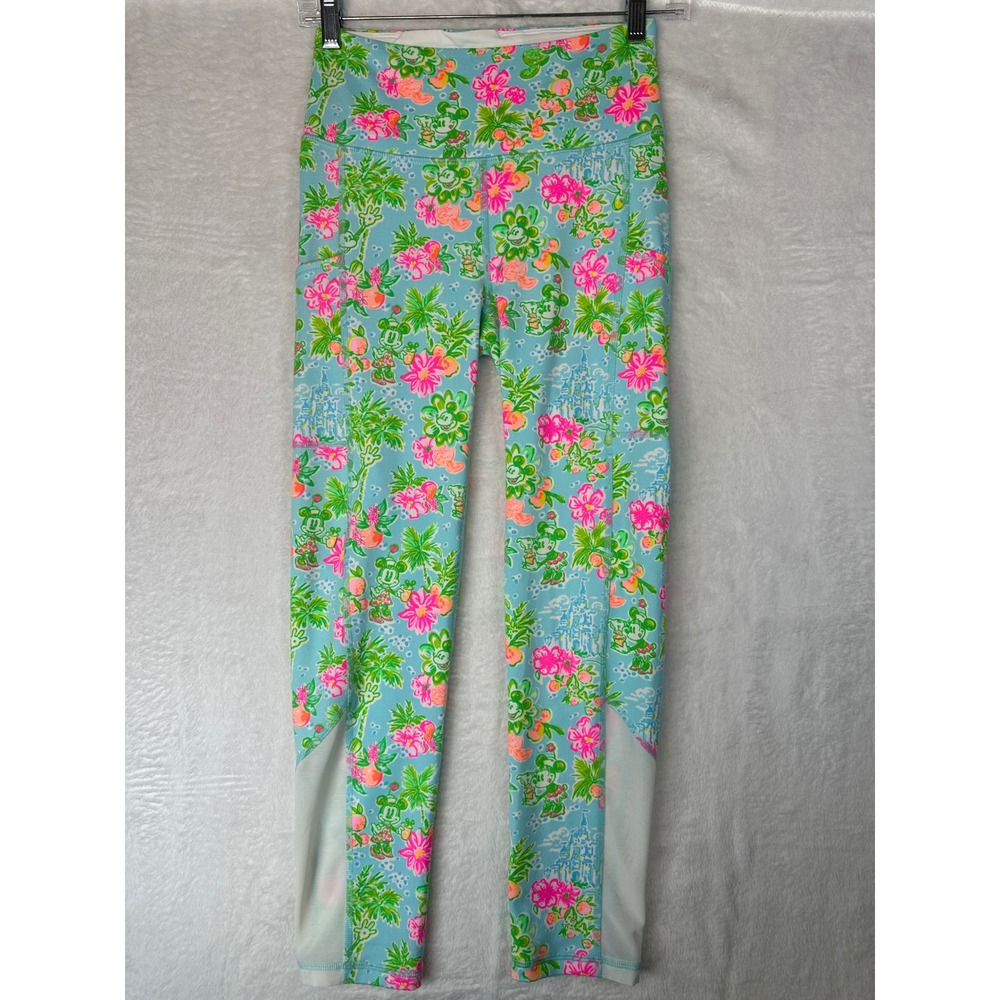 Lilly Pulitzer Disney Parks Leggings Womens XS Blue Floral Mickey Minnie Pocket